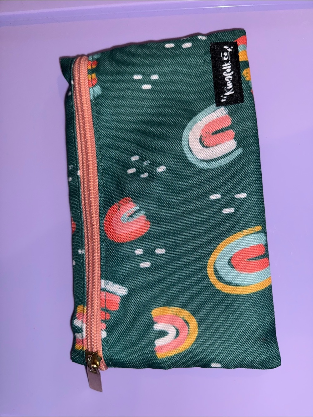 Kingfolk Green Rainbow Print Zip Pouch - Pink Zipper